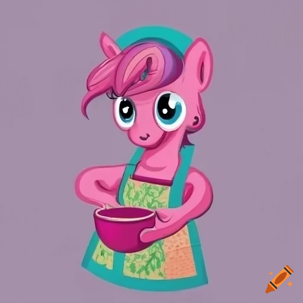 Pink pony with apron and kitchen utensils