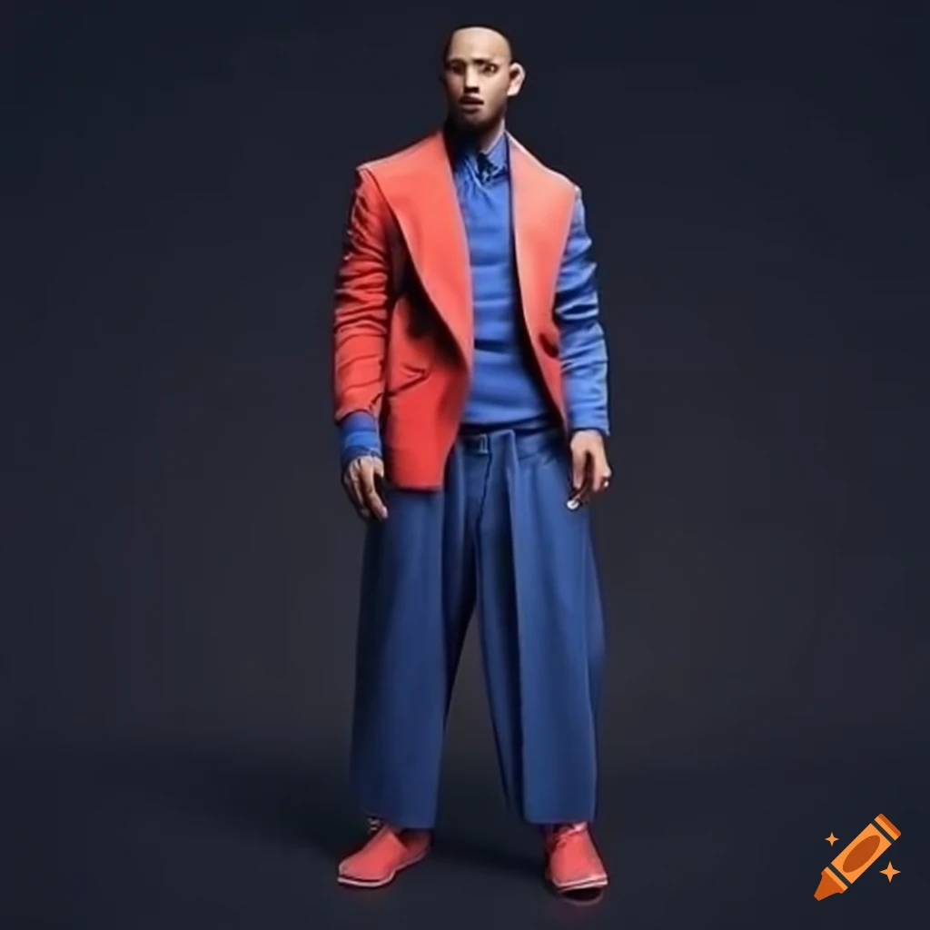 Vibrant men's outfit with fitted short jacket, sleeveless version, and wide-legged pants with side-ruched trousers