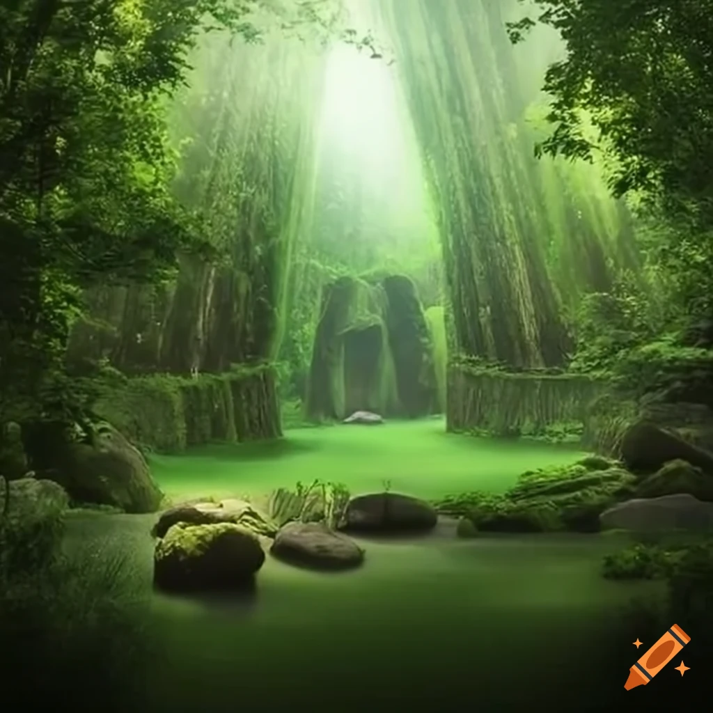 Lush oasis with megalithic structure