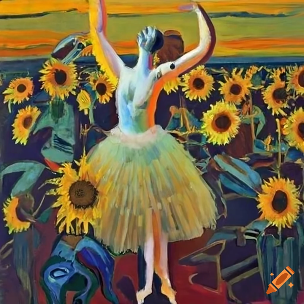 Ballerina dancing in a field of african masks and sunflowers inspired ...