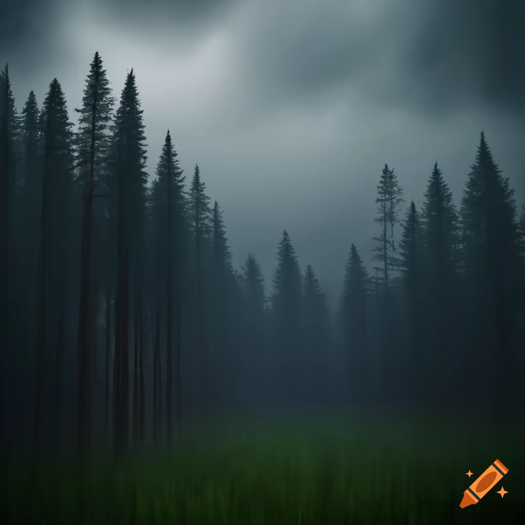 Pine forest under dark clouds with rain falling