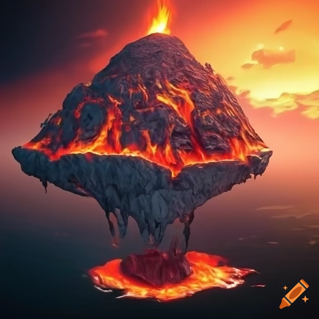 Floating island with lava fire volcano in a fantasy 3D art