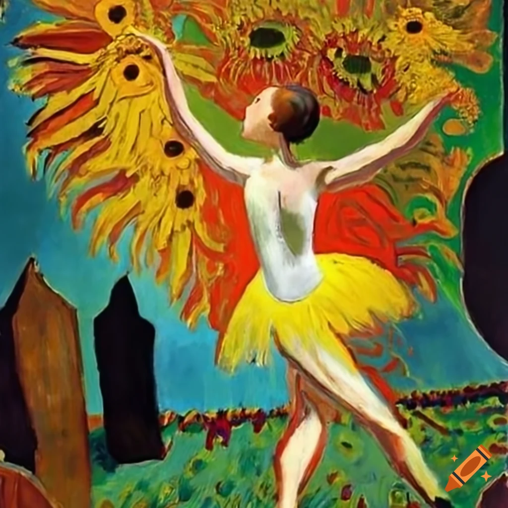 Ballerina dancing gracefully in a field of African masks and sunflowers inspired by outsider art style