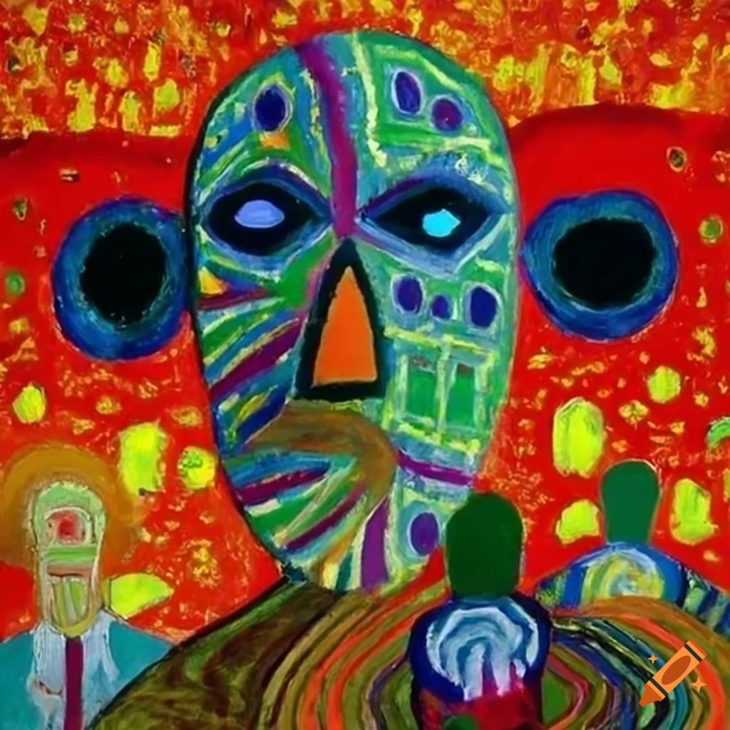 Two boys dancing in a colorful field with African masks and aliens in Outsider art style