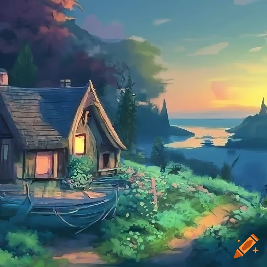 Idyllic cottage on a hill with a boat in the water in an anime countryside landscape