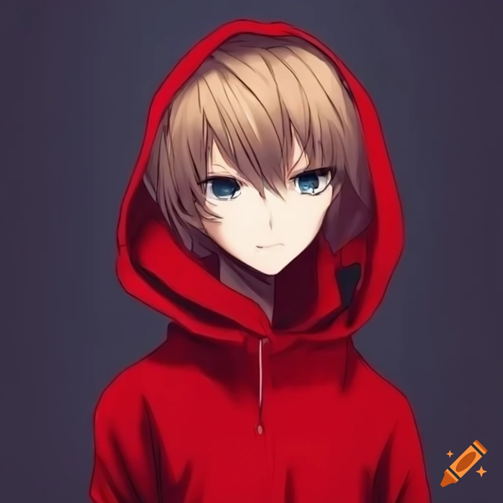 Anime boy in red hoodie with light brown hair