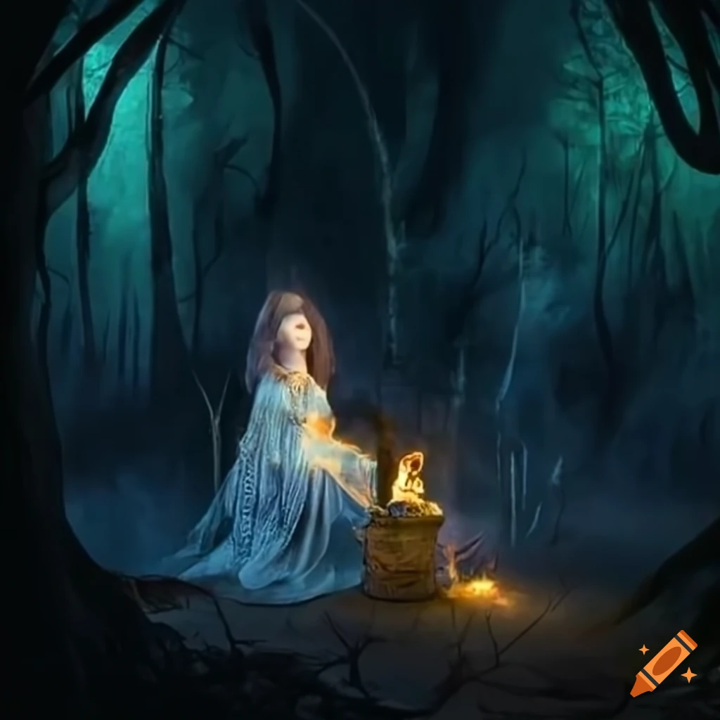 Mystical witch casting a spell at dusk in an enchanting setting