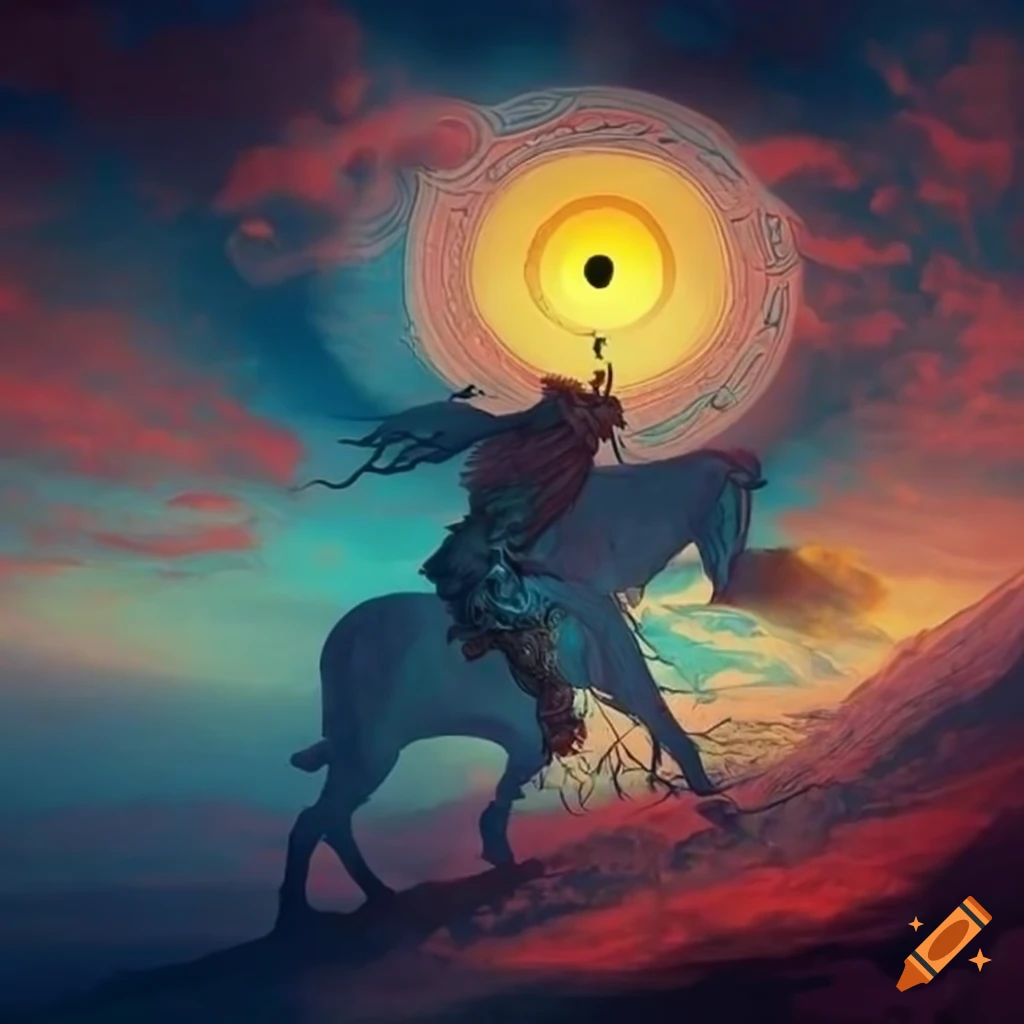 Serbian mythology scene with the black sun in the sky