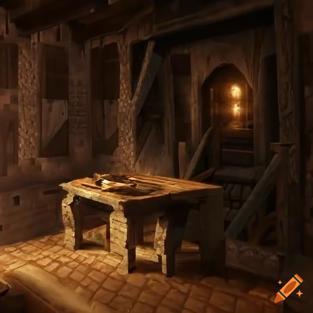 Medieval crafting table inside view with furs at the Wall