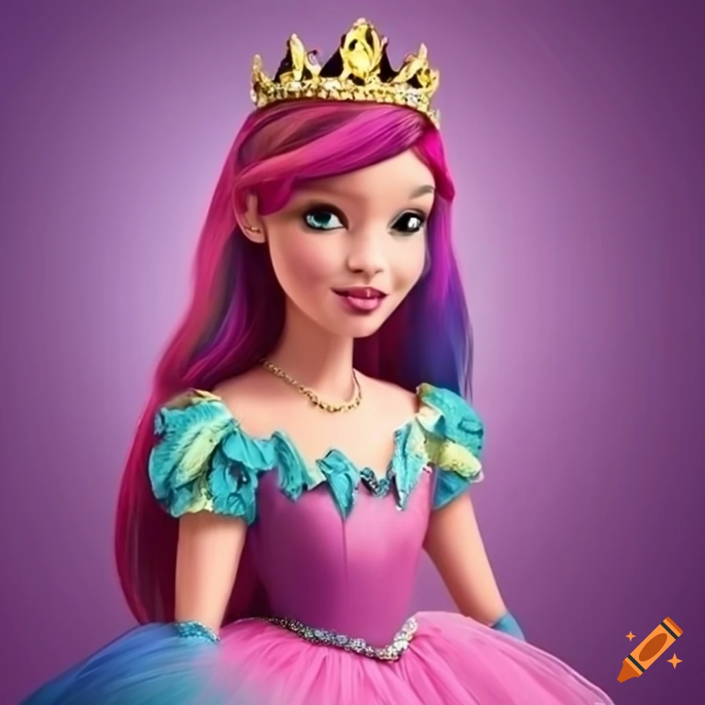 Princess with rainbow hair and a crown in a pink dress