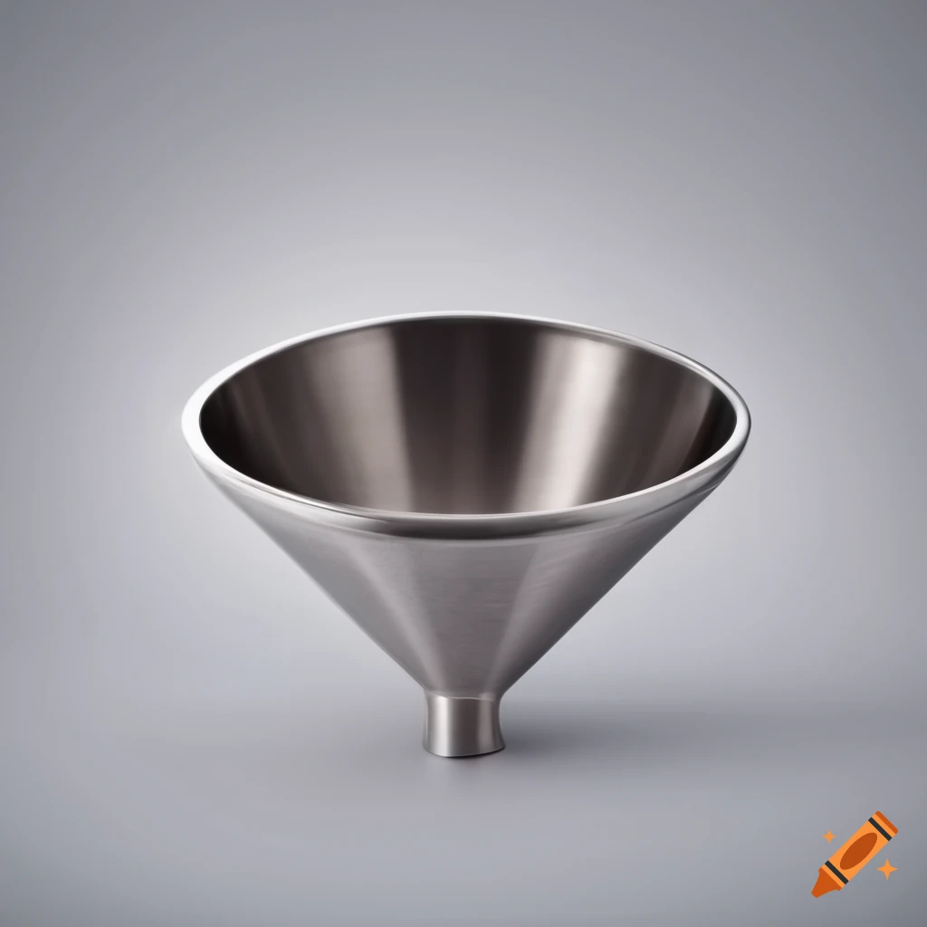 Brushed stainless steel funnel on a white background