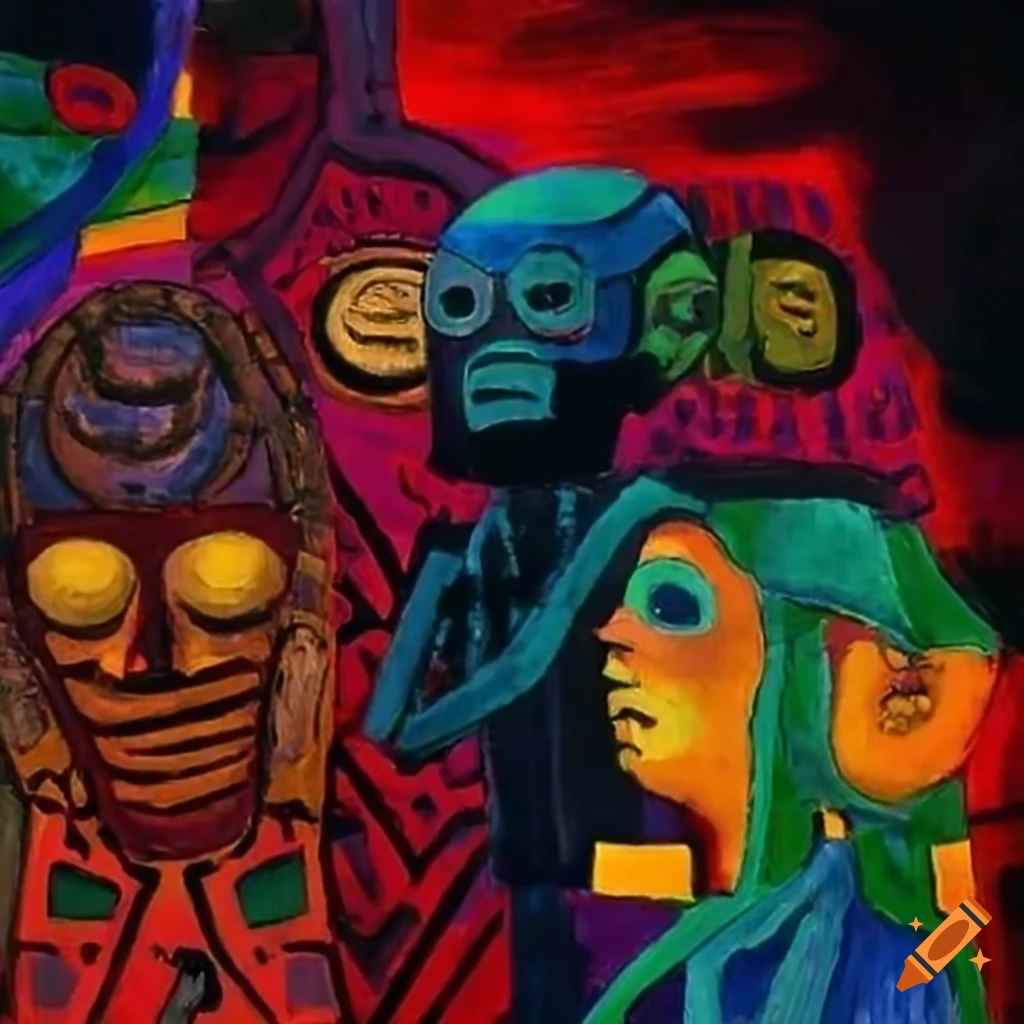 Two boys dancing in a colorful occultic field with African masks and aliens in an Outsider art style