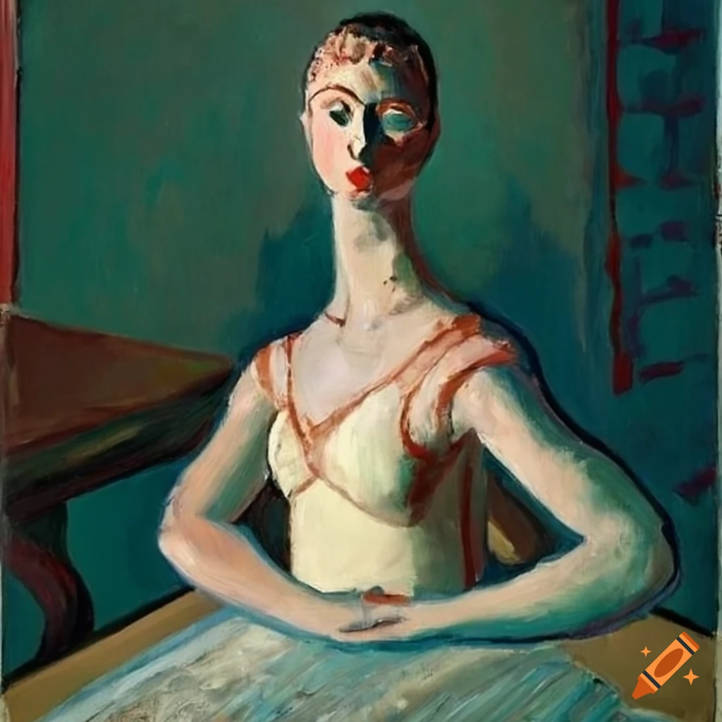 Ballerina with elongated features sitting at a table with an African mask in Outsider art style