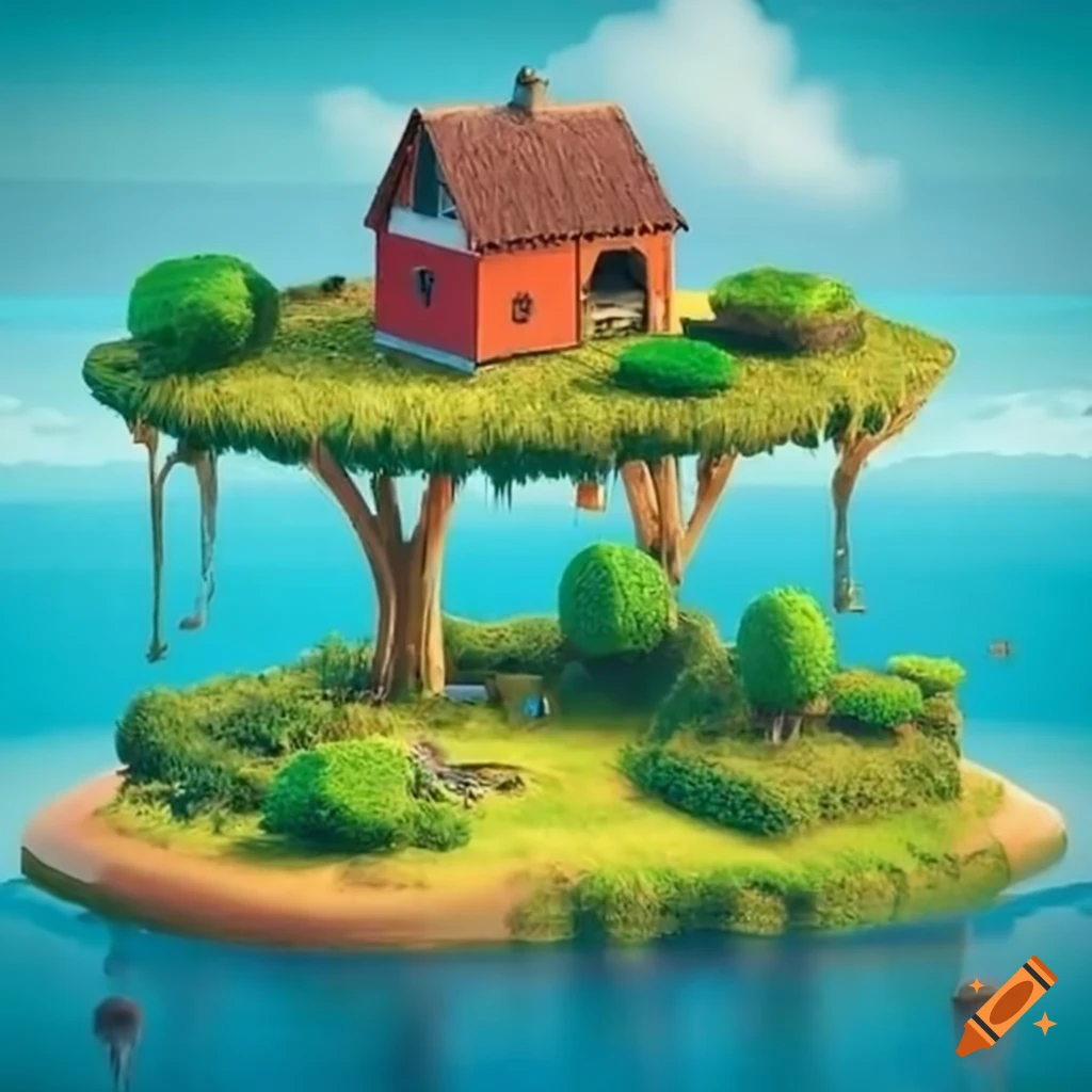 Small island farm with house and food production