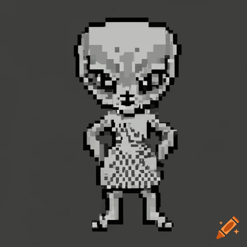 Scary alien in 1930s pencil skirt with tommy gun in 8-bit style facing sideways