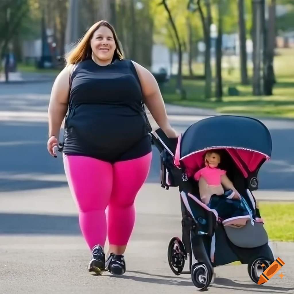 Athletic mother grinning while pushing stroller with daughter inside
