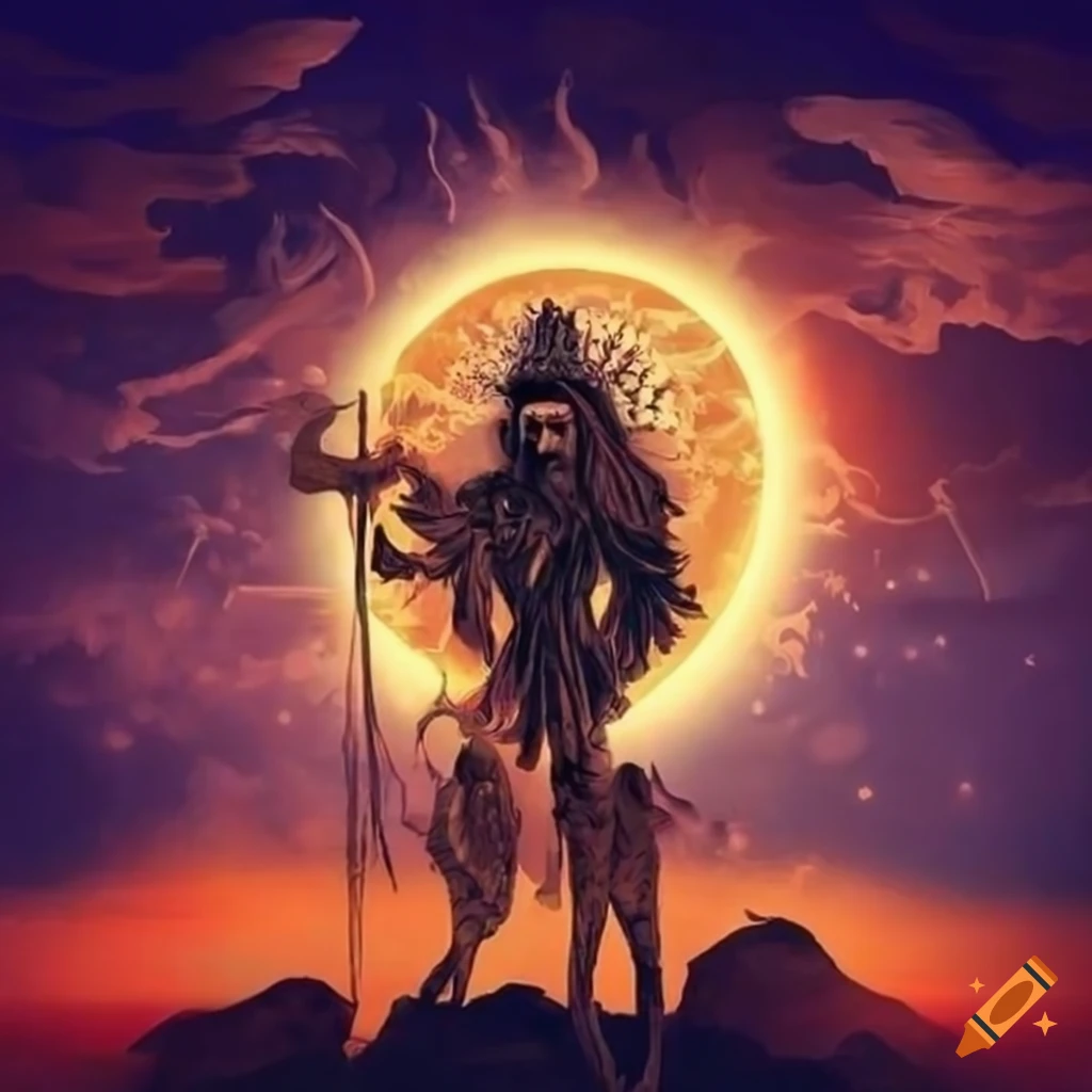 Vibrant Serbian mythology scene with the black sun in the ethereal sky