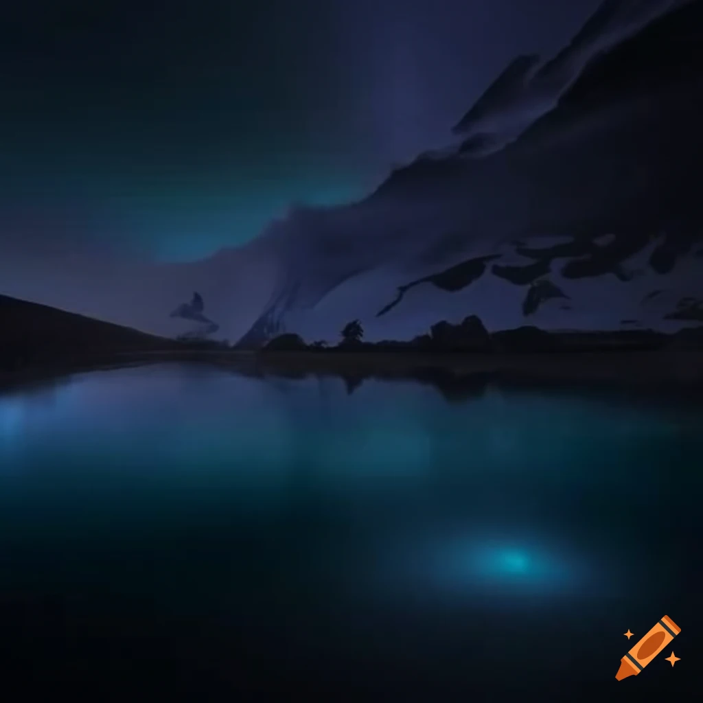 Dark pool reflecting shimmering iridescent colors with a cold atmosphere