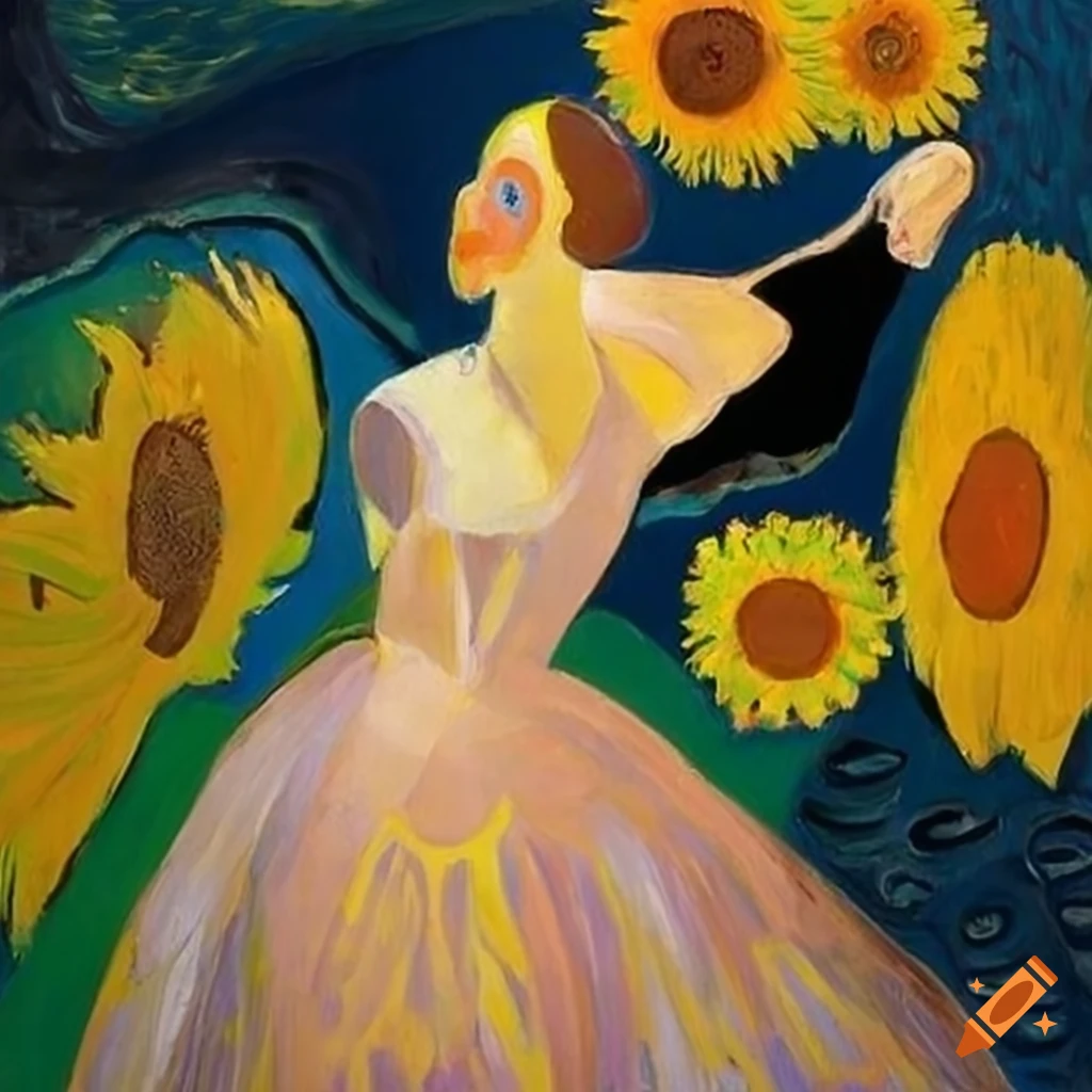 Ballerina dancing gracefully in a field of African masks and sunflowers inspired by outsider art style