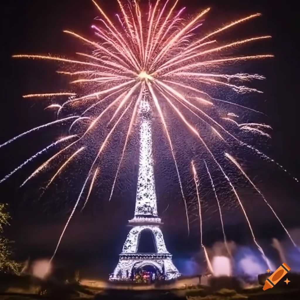 La Tour Eiffel with French symbols and fireworks