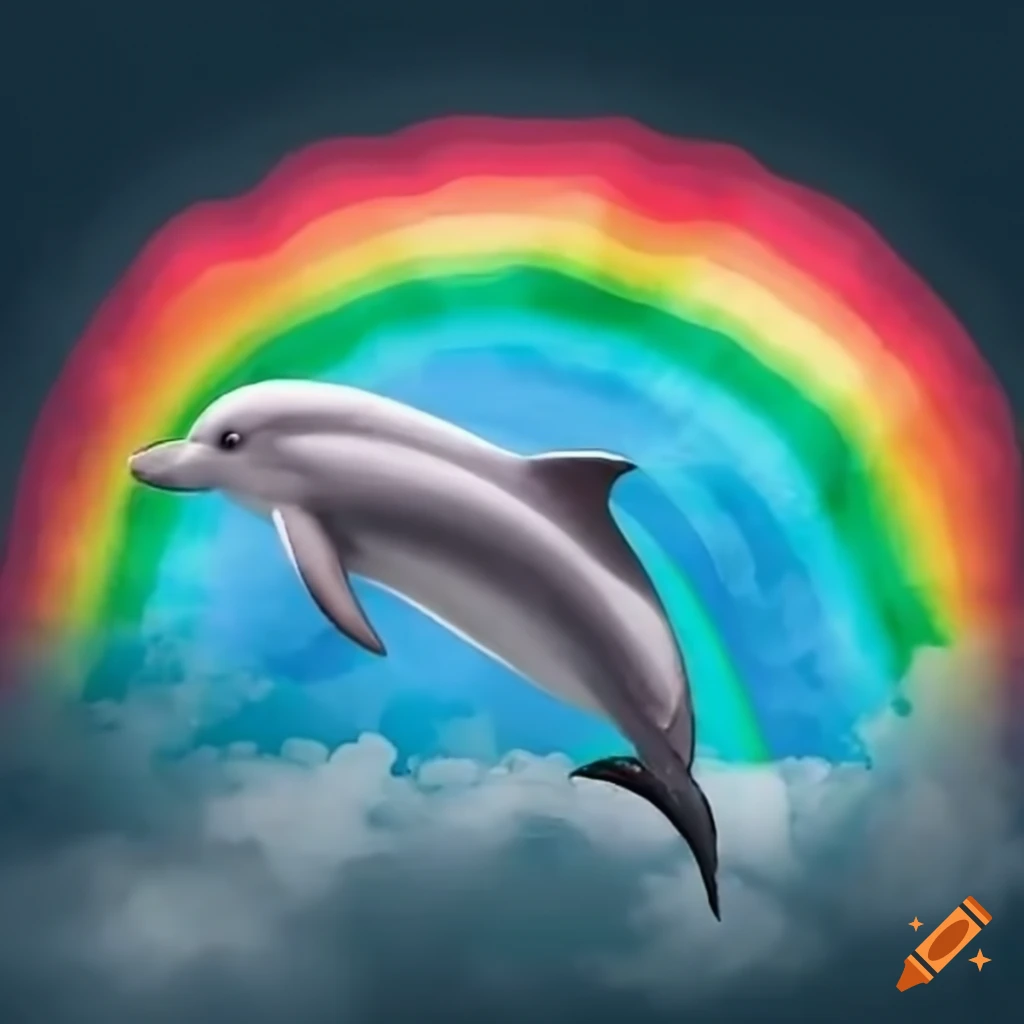 Jumping dolphin with rainbow and cloud in background