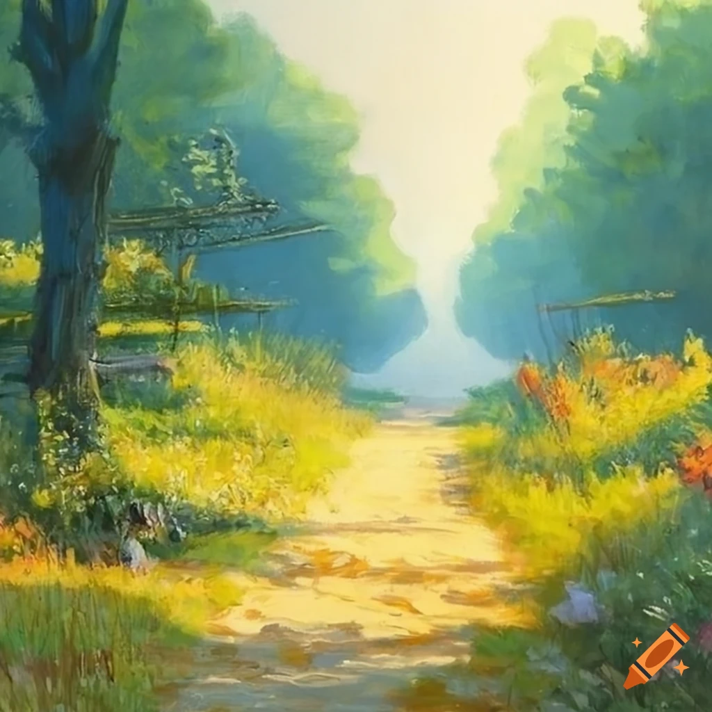 Pathways in fields inspired by Studio Ghibli in high definition oil painting by James Gurney