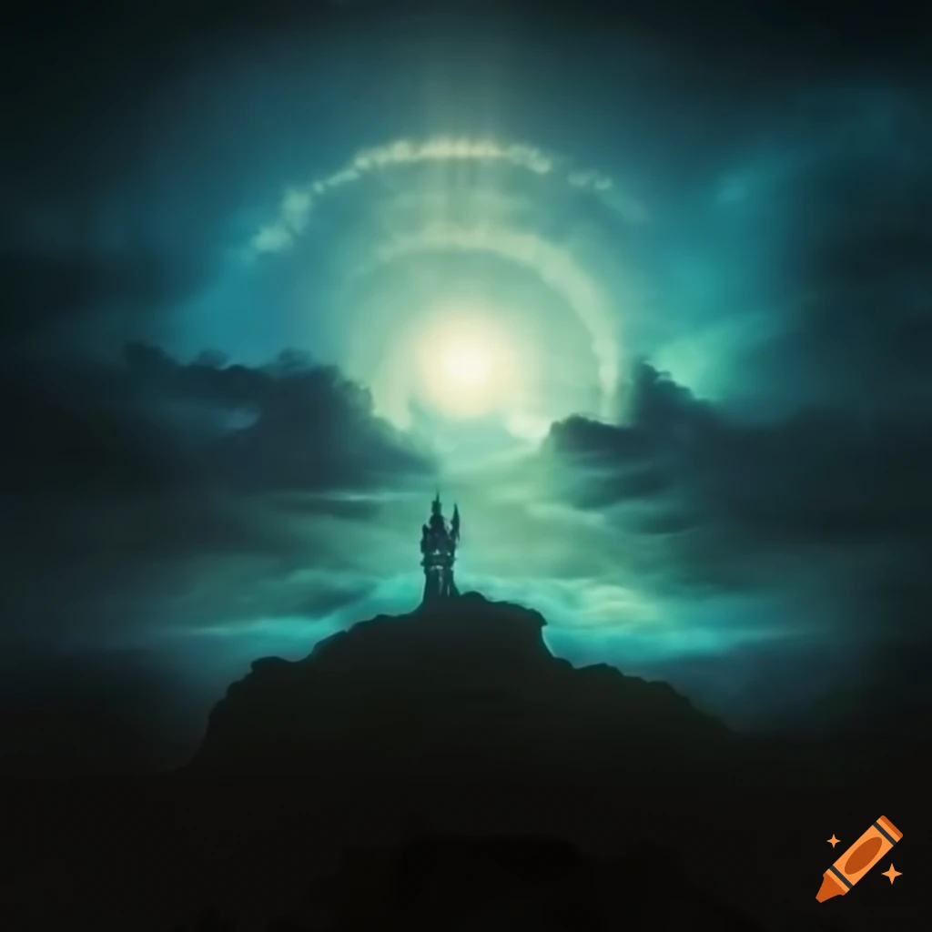 Hungarian mythology scene with the black sun in the ethereal sky
