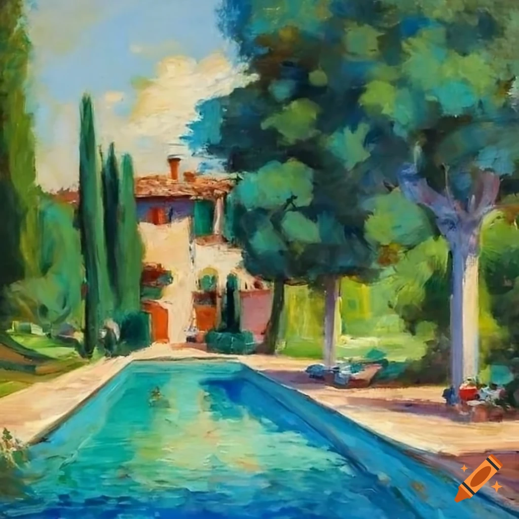 Impressionist painting of a pool in an Italian villa with courtyard trees