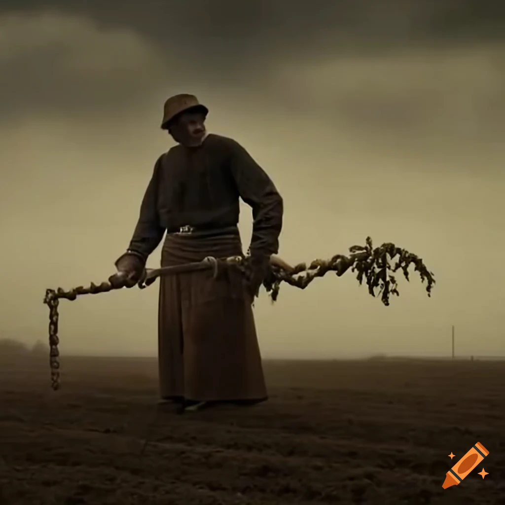 Medieval peasant harvesting giant carrots in a plough field
