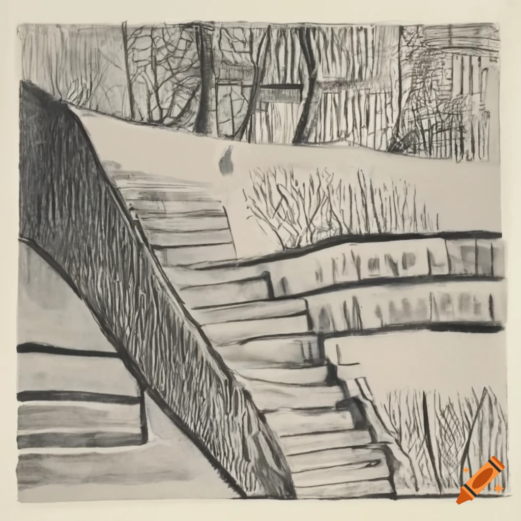 Grey monoprint of staircase, small houses on a hill, and a bridge in the style of famous artists