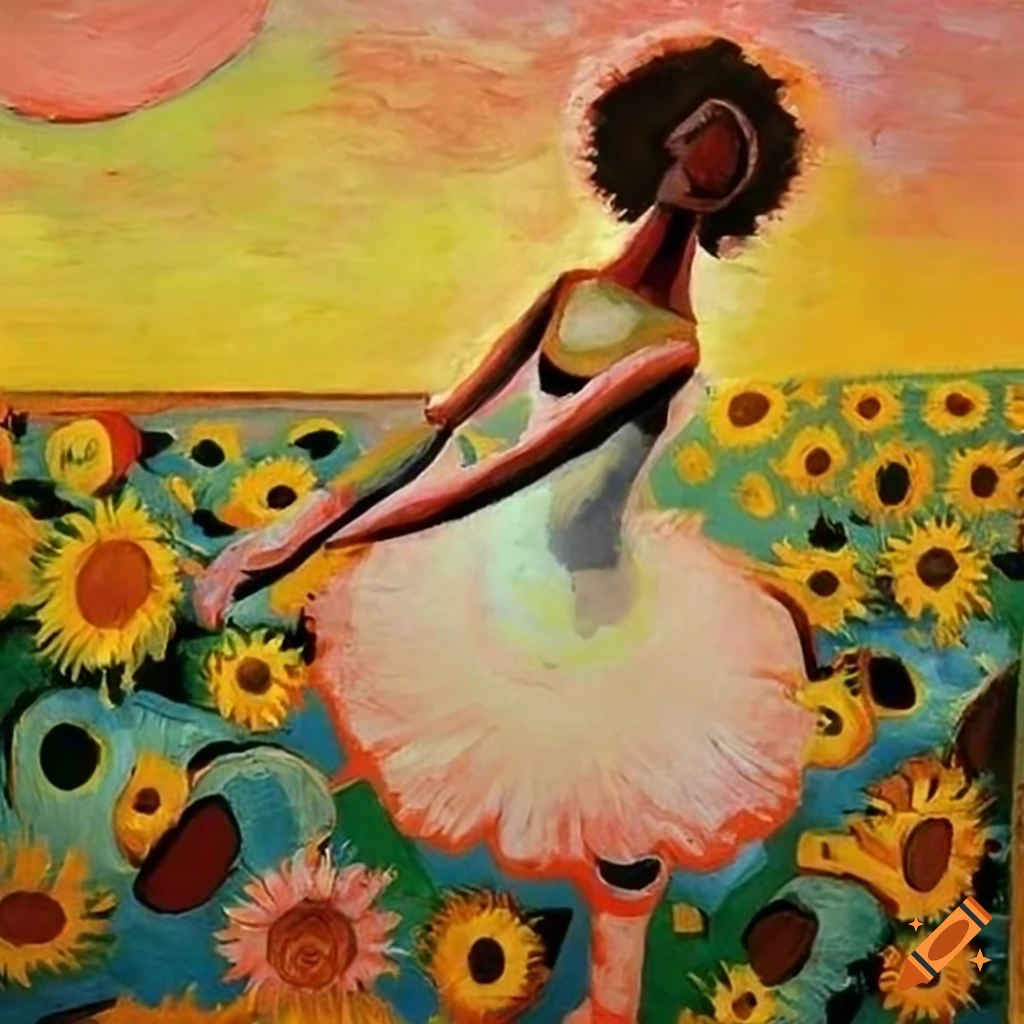 Ballerina dancing among african masks and sunflowers in outsider art style