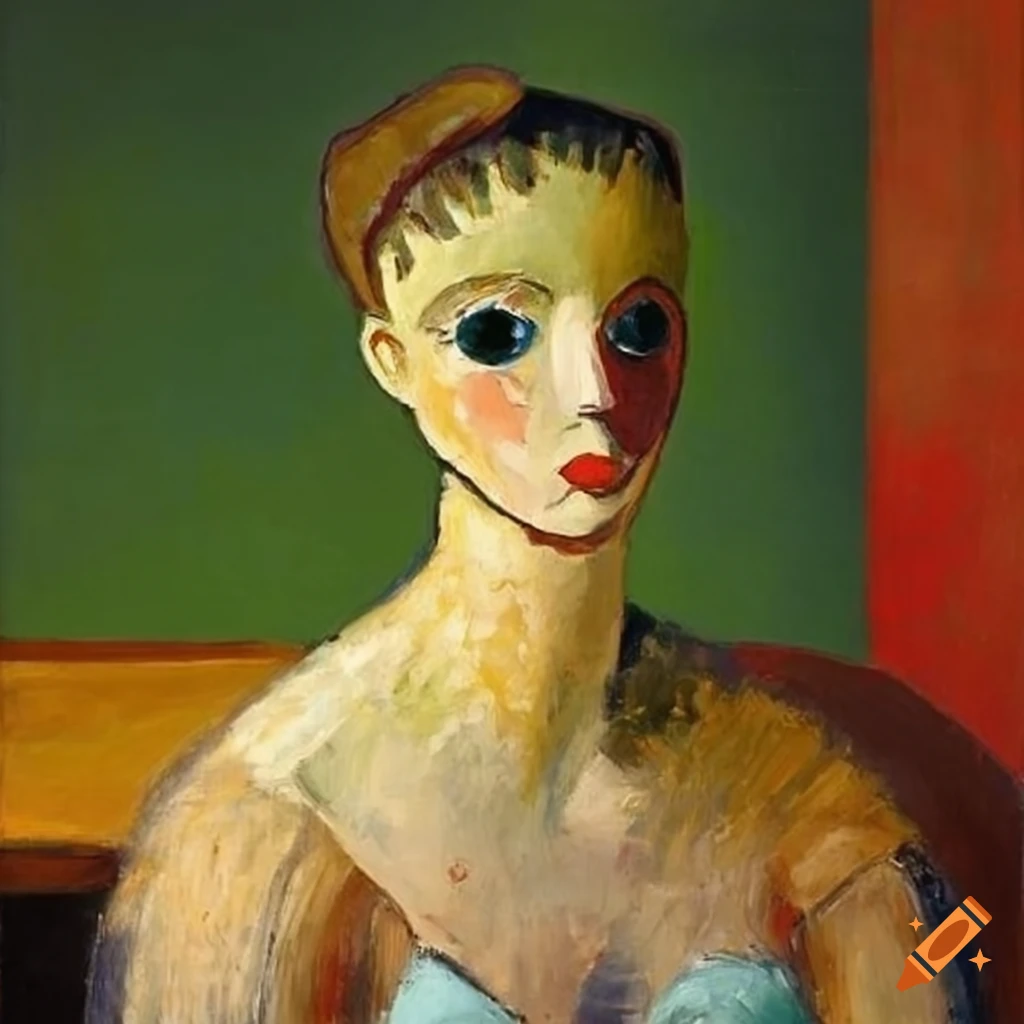 Ballerina sitting at a table with an African mask in Outsider art style