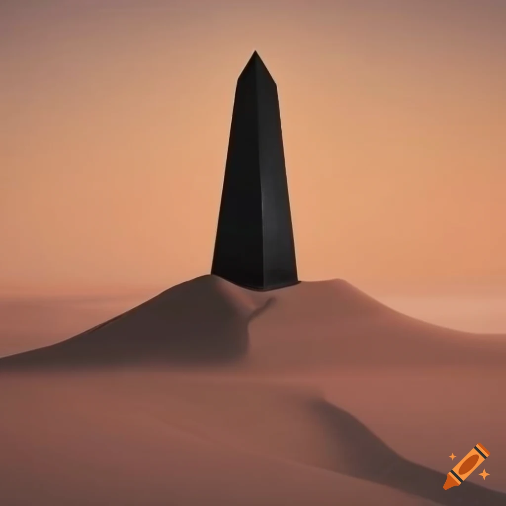 Tall black obsidian obelisk in the barren desert