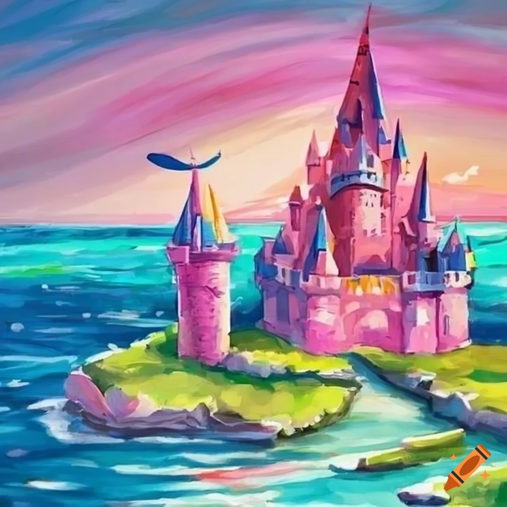 Pink sparkling castle by the sea in a kids' style painting on Craiyon