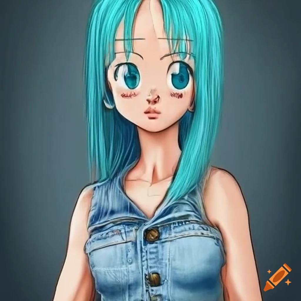 Bulma Briefs with turquoise hair laying on a bed in denim vest and blue jeans