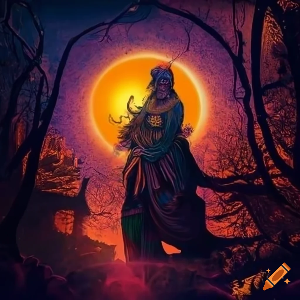Serbian mythology scene with the black sun in the sky