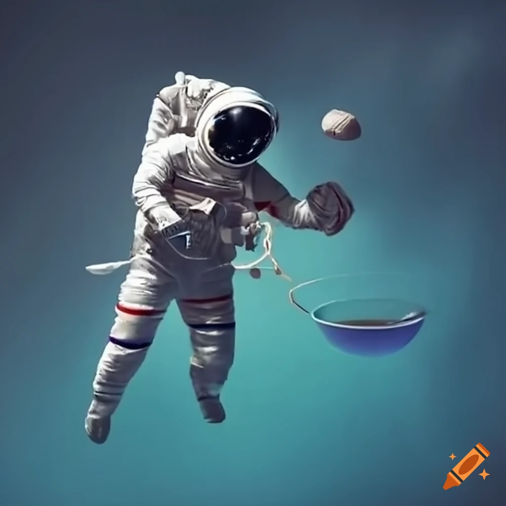 Astronaut floating and enjoying spaghetti in zero gravity