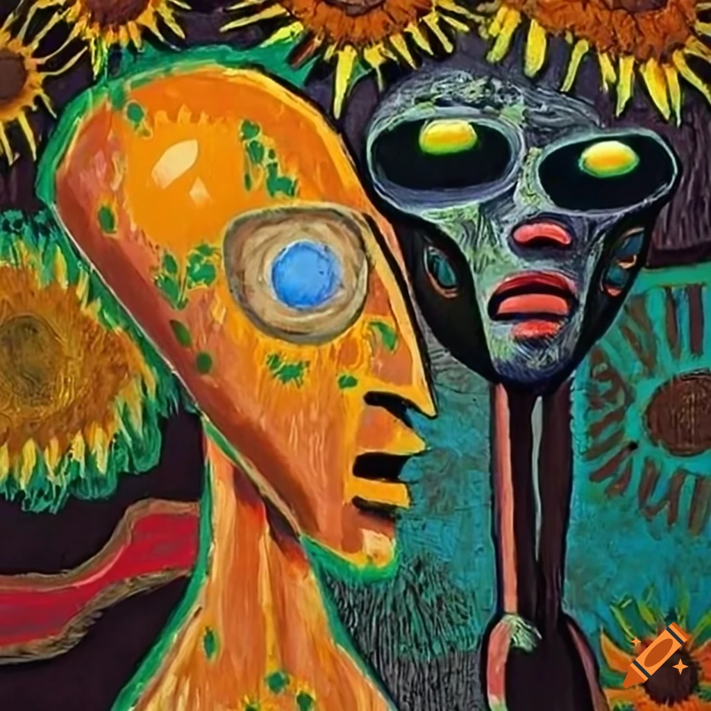 Beautiful witch dancing with moon, aliens, African masks, and ...