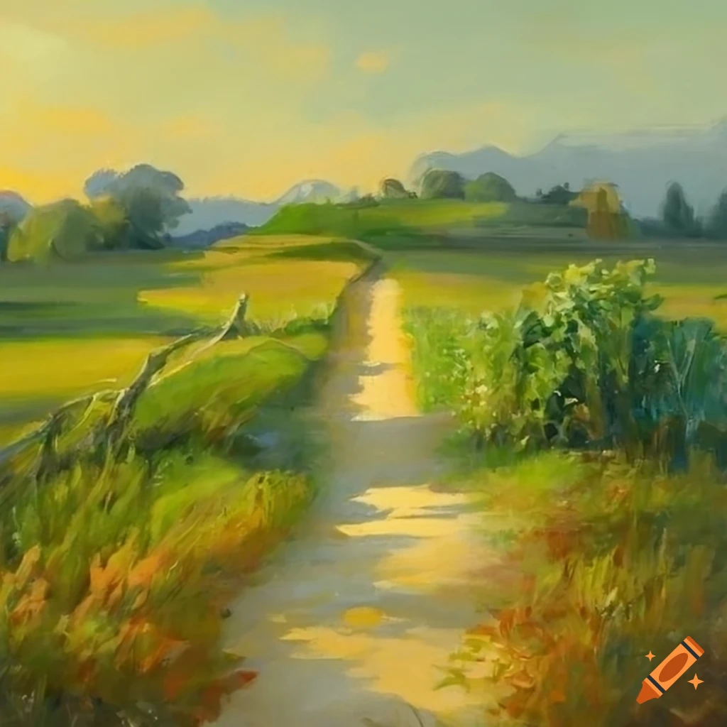 Pathways in fields inspired by Studio Ghibli in high definition oil painting by James Gurney