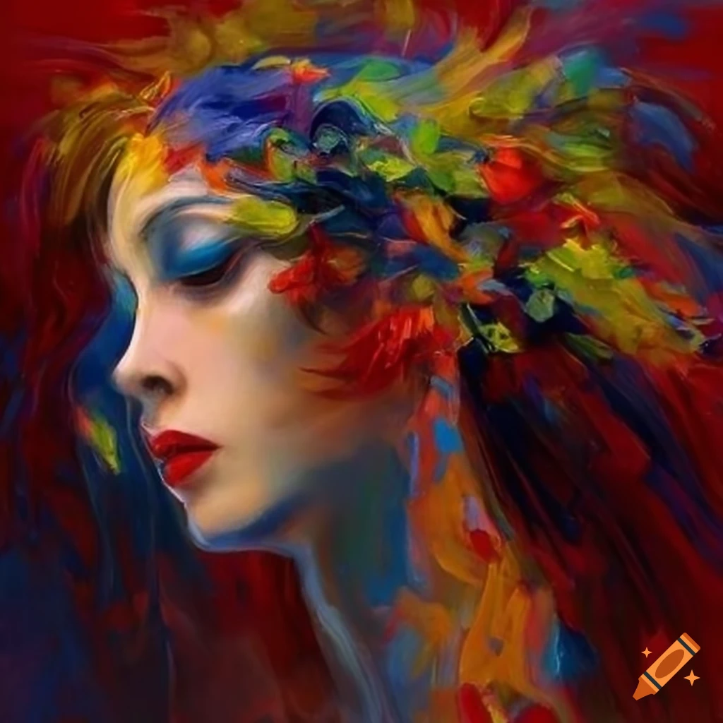 Abstract painting of a woman with flowing hair transforming into flower ...