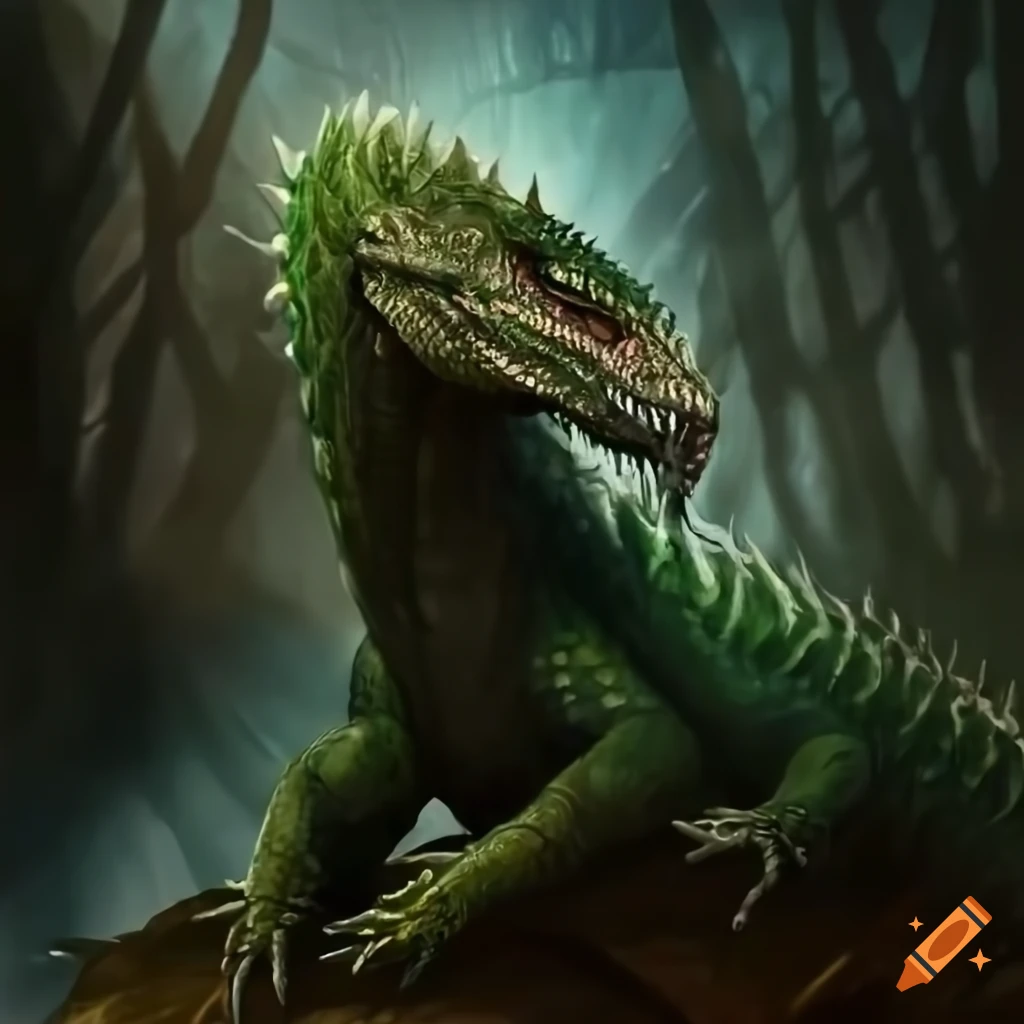 Reptilian lizard with long claws in front of a river background