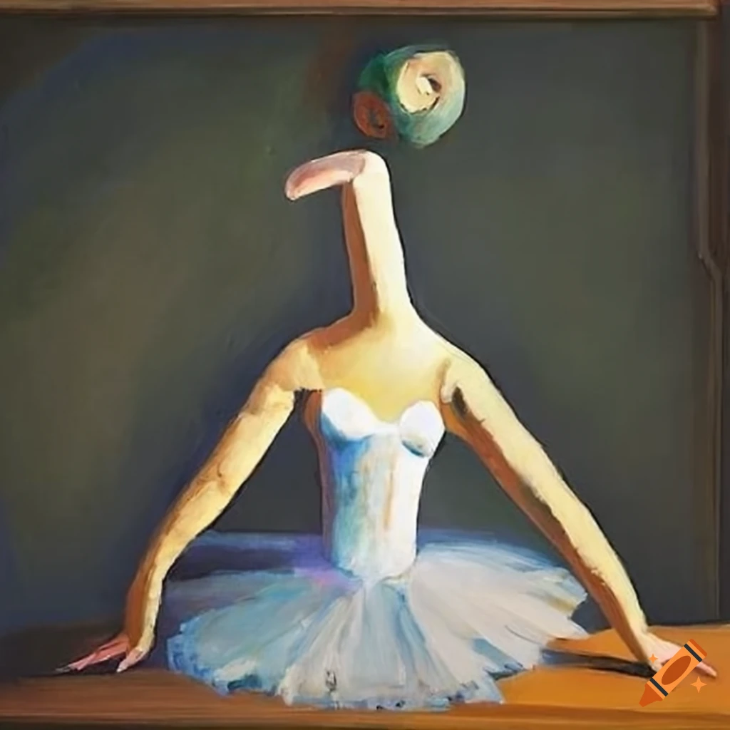 Ballerina sitting at a table with an African mask in Outsider art style
