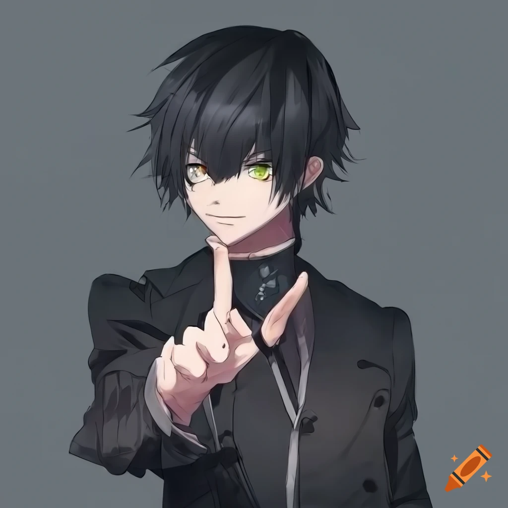 Anime male character in black outfit and black hair pointing finger up