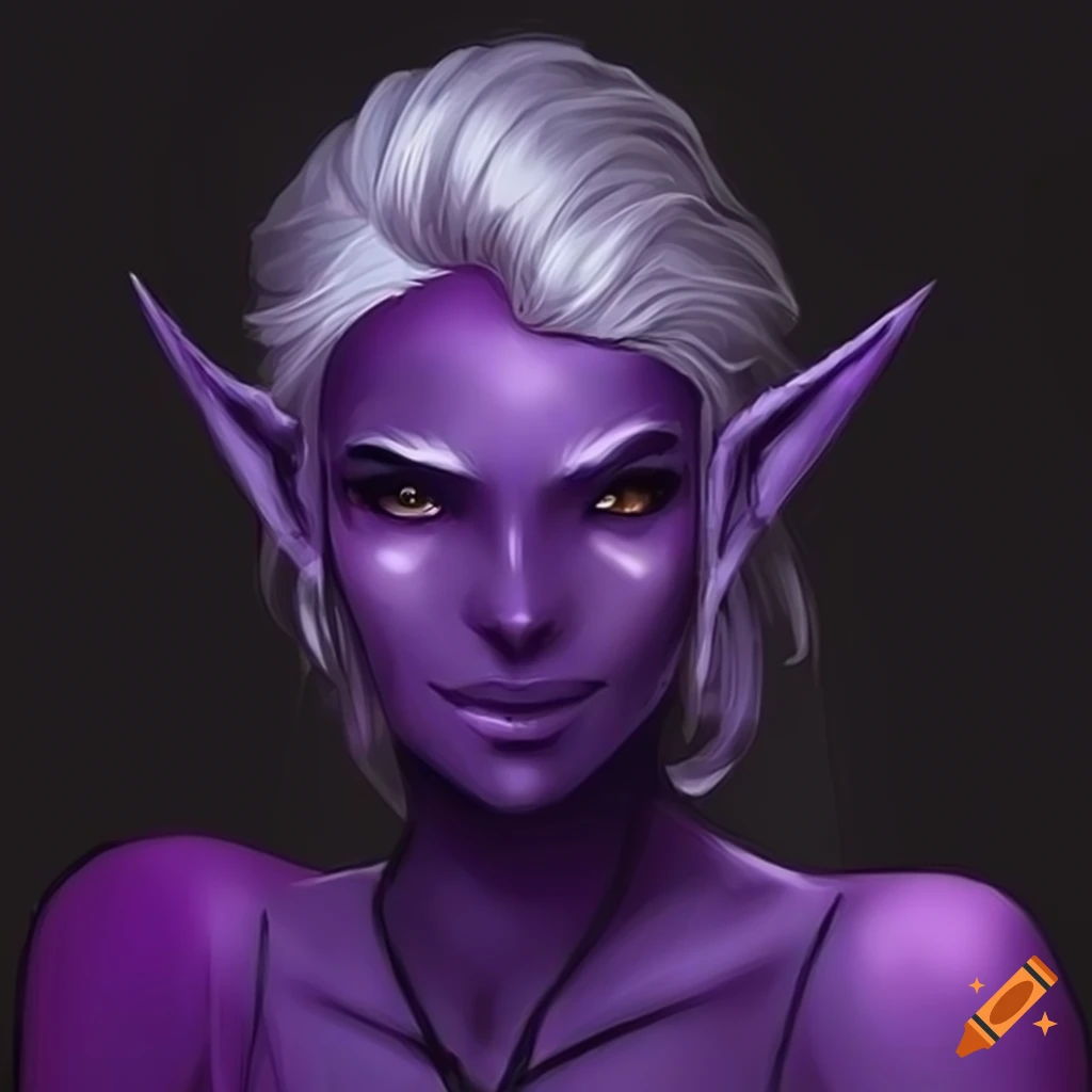 Character with purple skin, wavy black hair, and amber eyes on Craiyon