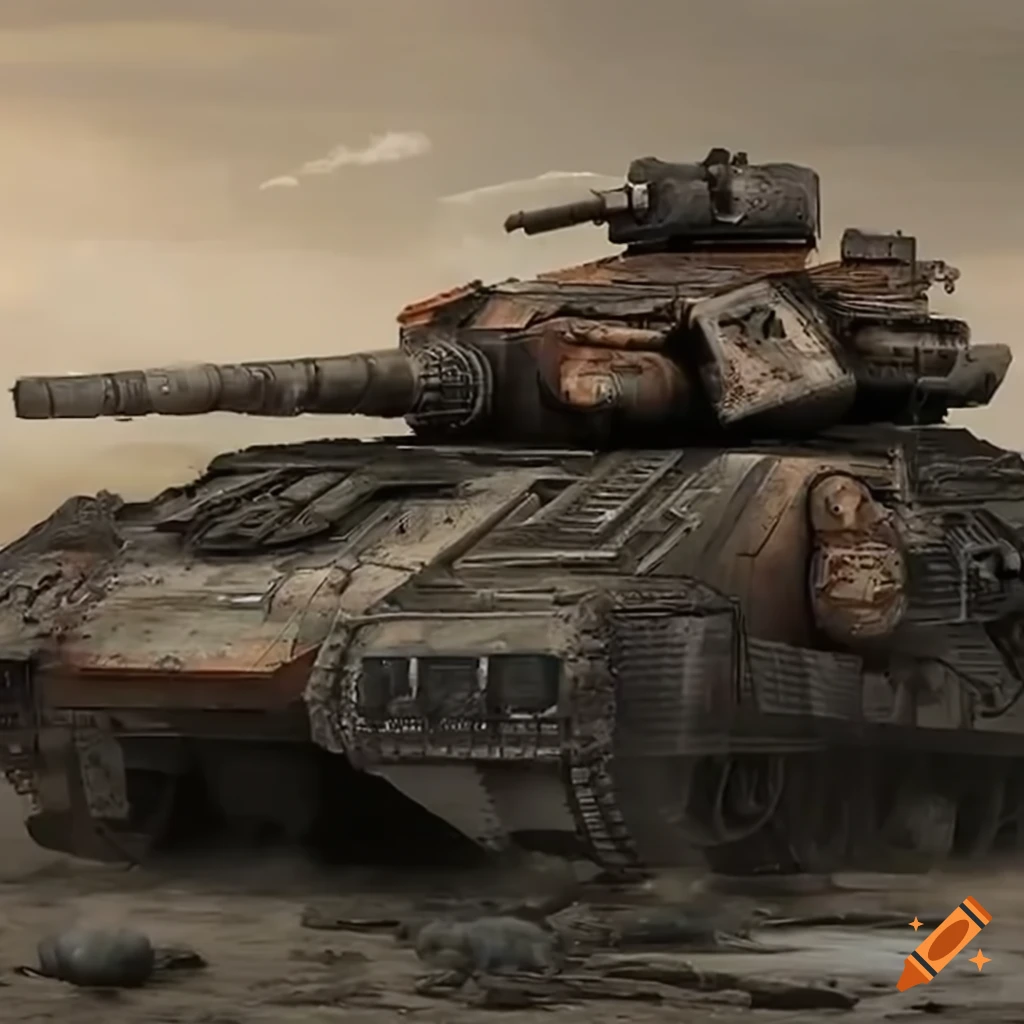 Futuristic battle tank breathing fire in a post-apocalyptic wasteland