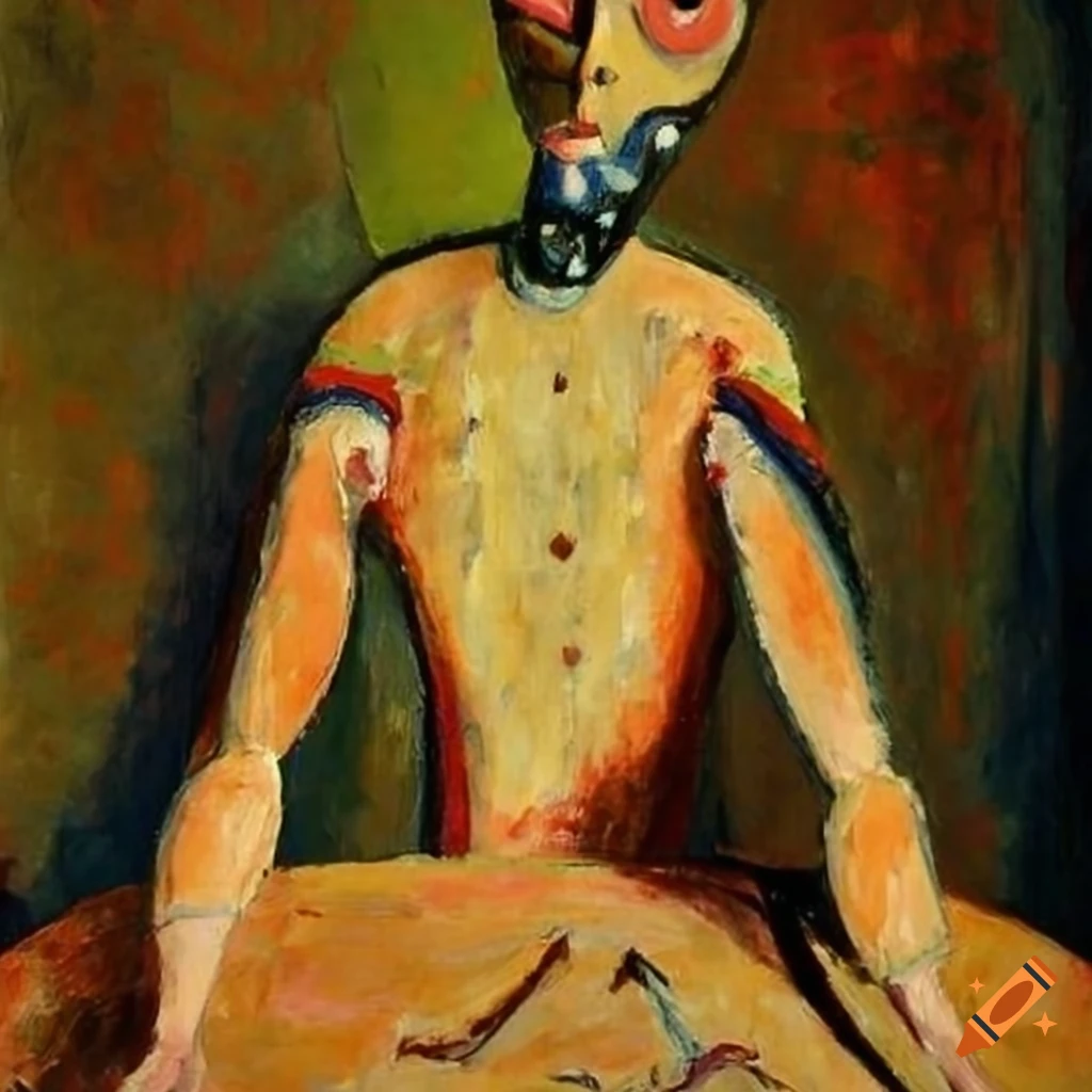 Ballerina with extended arms and neck sitting at a table with an African mask in an outsider art style