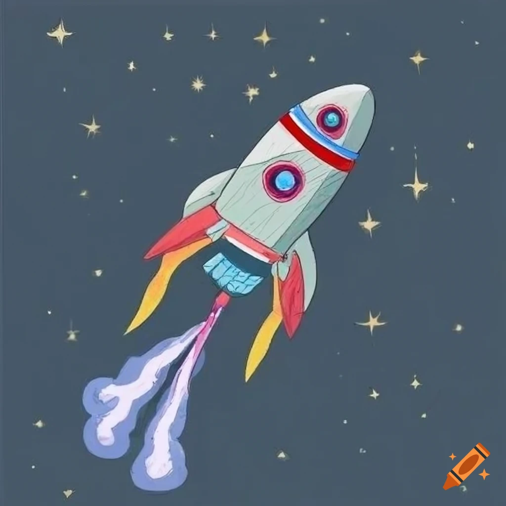 Child's drawing of a rocket spaceship heading towards the moon surrounded by stars