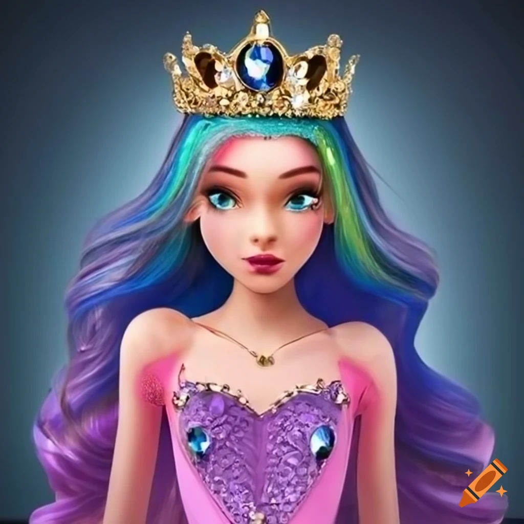 Princess with rainbow hair wearing a gold crown in a pink dress