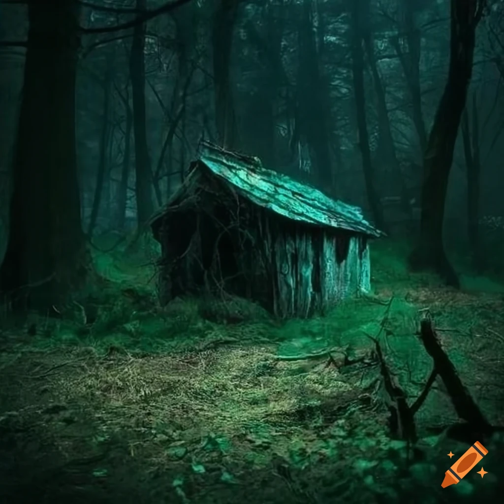 Small dilapidated hovel at the edge of a forest with eerie green lights