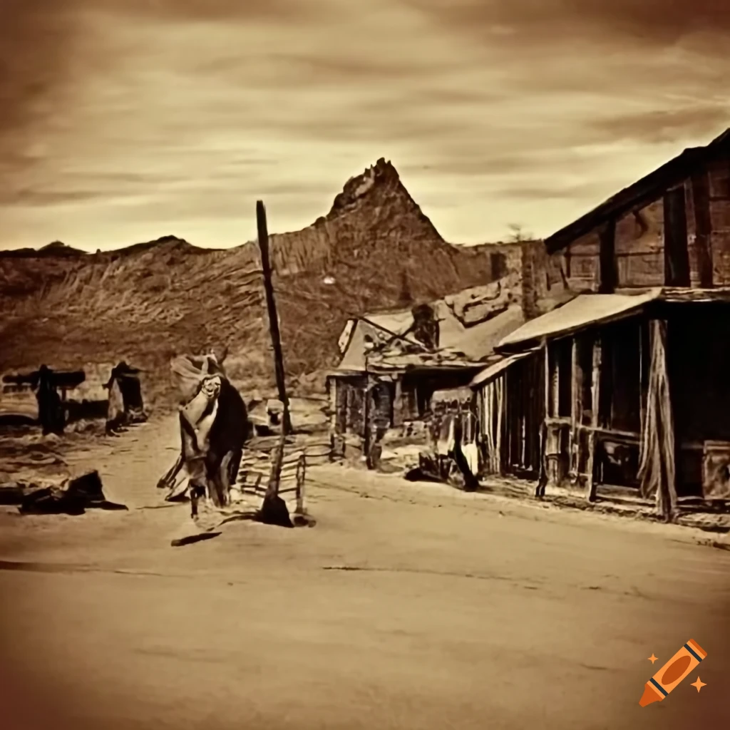 Historic wild west frontier town scene in sepia tones